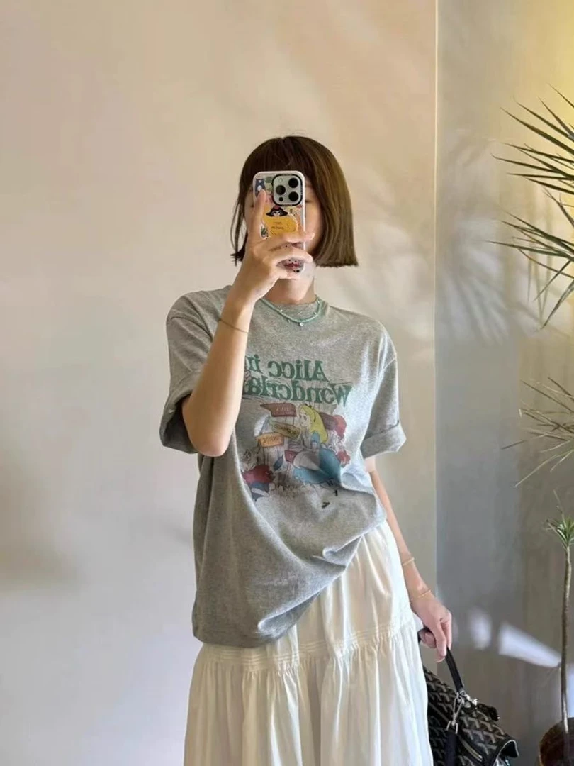 防静电短袖少女风常规印花T恤小众灰色白色夏季显瘦时尚春夏