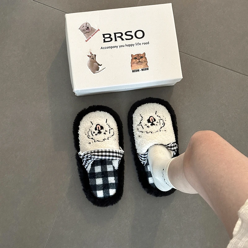 时尚复古平底百搭设计感厚底增高毛毛拖鞋女2025秋冬新款棉拖鞋子