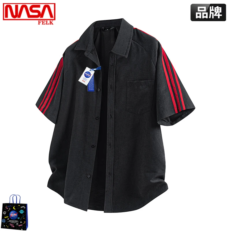 NASA男士短袖衬衫男款夏季街头复古运动简约条纹宽松纯色半袖衬衣