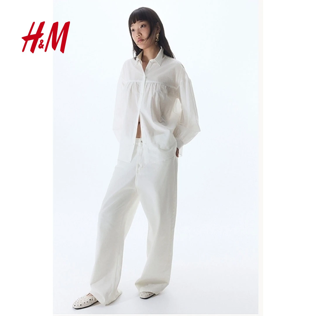 HM女装2025年春新款春游出行时尚通勤大廓形棉质长袖衬衫1271517