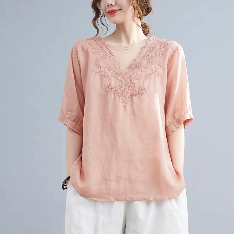 【当天发+退货包邮】棉麻夏季新款上衣宽松显瘦气质刺绣短袖T恤122