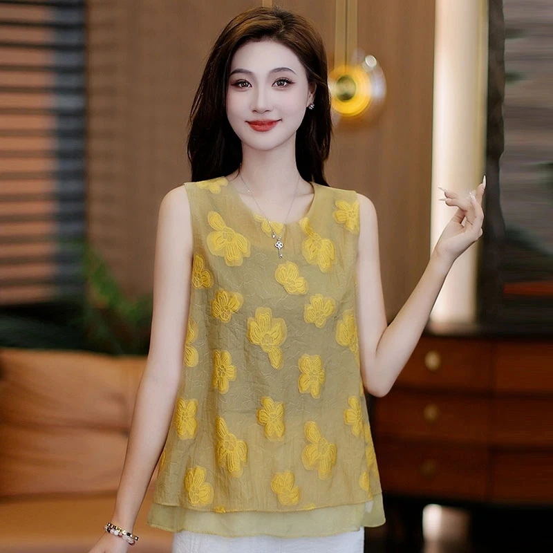 诗雁新中式国风时尚气质无袖背心T恤女夏季百搭宽松显瘦吊带上衣