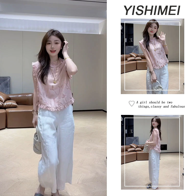 2025夏季新款女装时尚气质刺绣设计高级感无袖上衣休闲阔腿裤套装