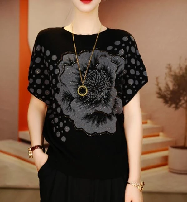 2025夏季新款时尚中老年妈妈提花针织衫薄款短袖气质圆领百搭上衣