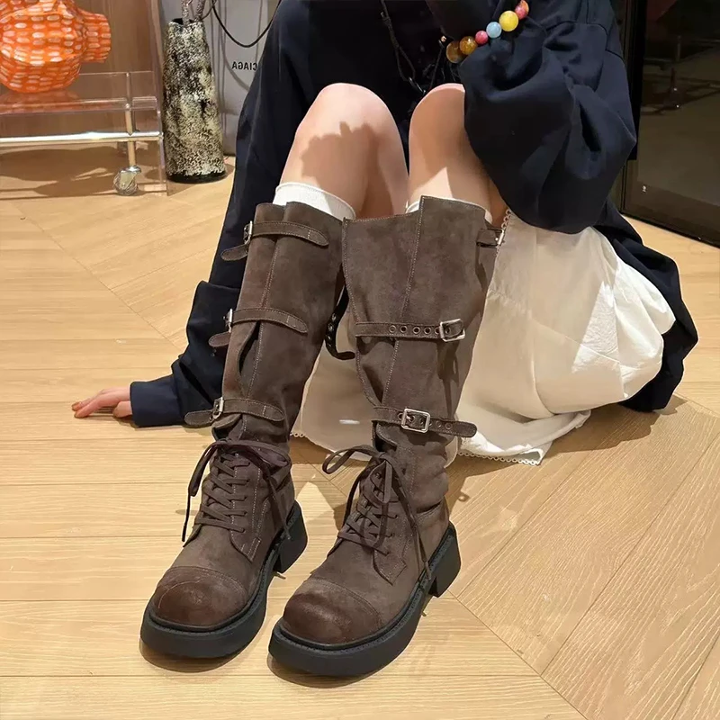复古长筒靴女2025秋季新款美拉德皮带扣骑士靴不过膝两穿靴子长靴