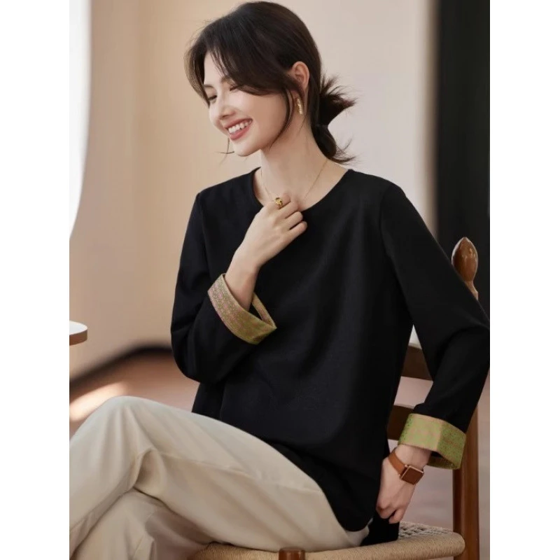 繁星夹闪新国风圆领衬衫女复古新中式长袖t卫衣宽松拼接撞色上衣