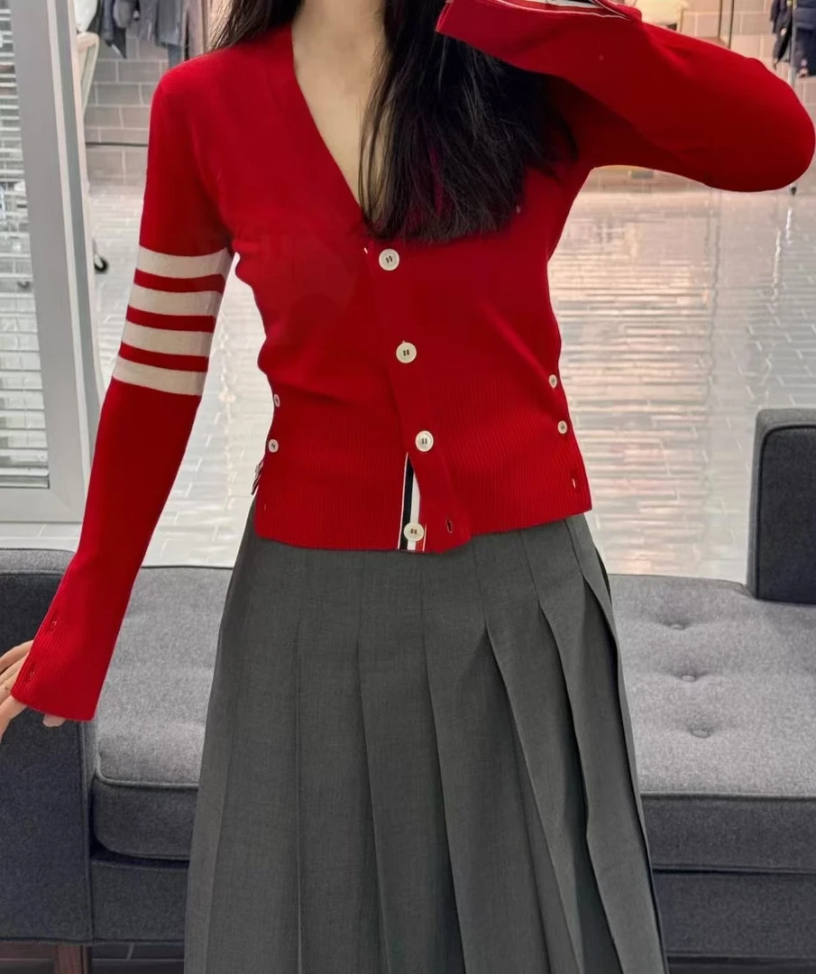 【夏夏特定】女款-羊毛红色针织毛衣-汤姆老师休闲羊毛圆领V领开衫