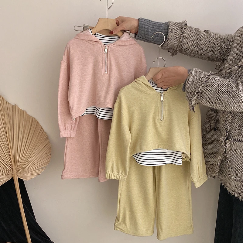 Z-XZN012春季韩版女童洋气时尚连帽卫衣休闲阔腿裤条纹背心两件套