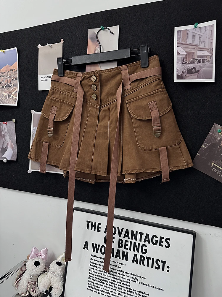 美式复古辣妹工字褶减龄牛仔短裙女百搭显瘦学院显瘦工装半身裙女