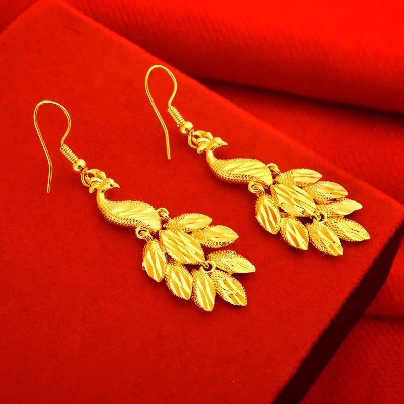 铜合金耳饰 孔雀耳饰流苏耳钩凤凰耳环长款送妈妈金色时尚首饰品