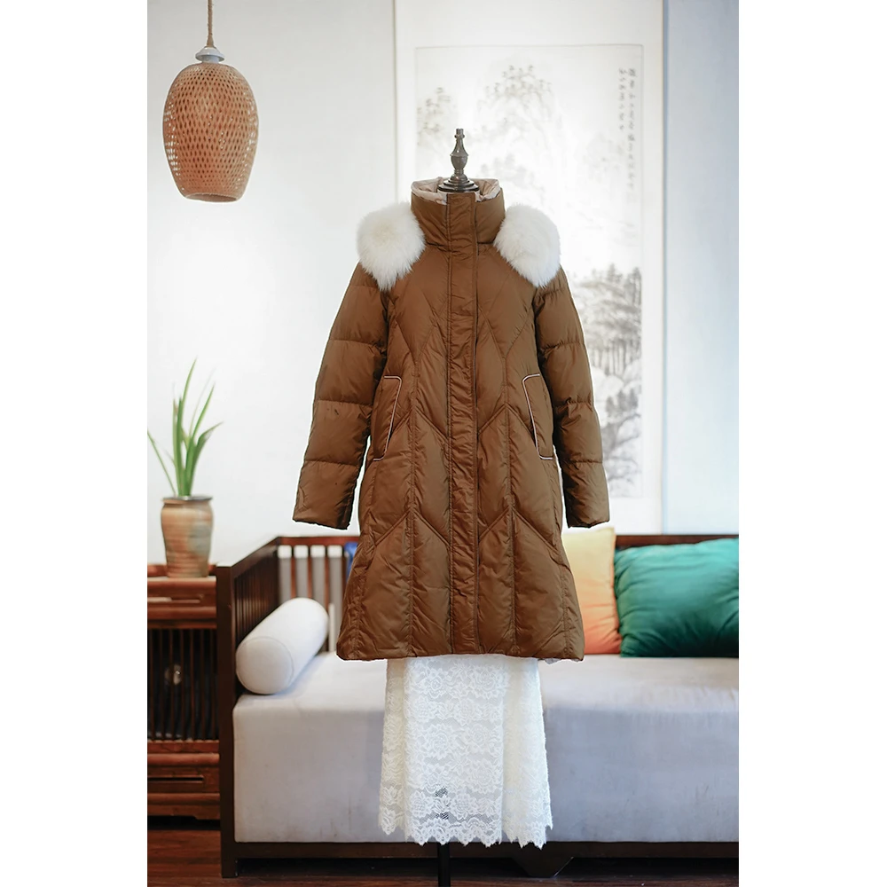 【青云松】冬季纯色休闲风大毛领时尚宽松保暖长款羽绒服