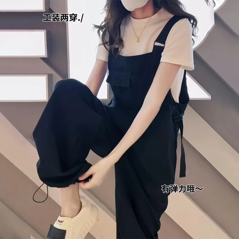 范哲萨2025超火两件套春装黑色背带裤套装女大码梨形身材宽松显瘦