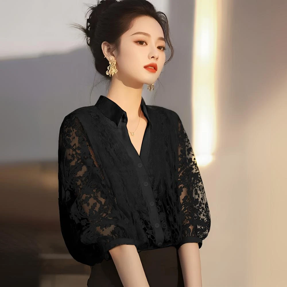 夏季复古设计感拼接蕾丝衬衫女士时尚小衫显瘦镂空七分袖黑色衬衣