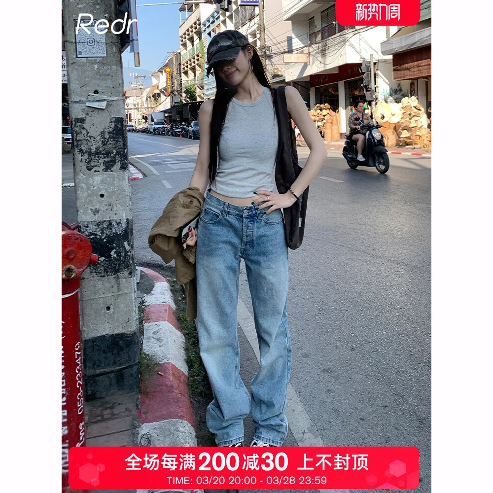 贯妗浅蓝色直筒牛仔裤女2025年新款百搭显腿长显瘦阔腿裤子