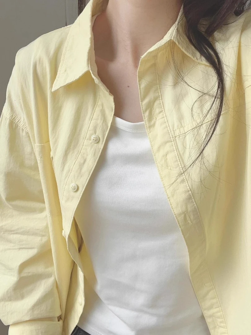 奶黄色长袖衬衫女夏季2025新款宽松显瘦慵懒风上衣法式小个子衬衣