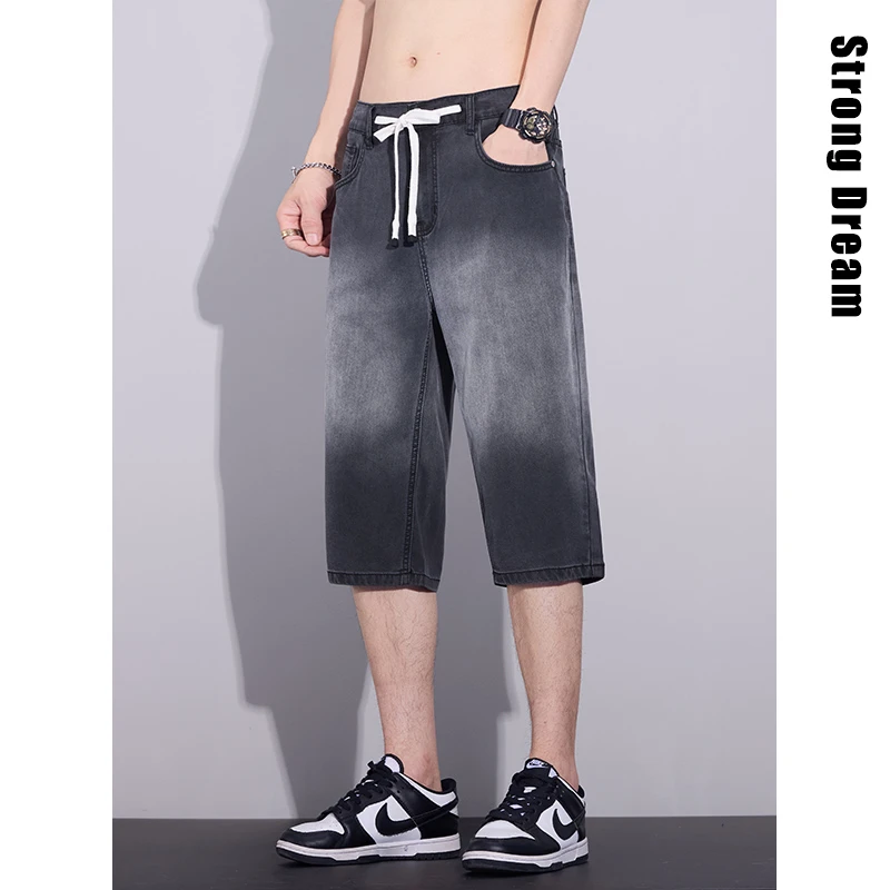 黑色渐变七分裤牛仔裤男士夏季新款天丝莱赛尔宽松直筒冰丝休闲裤