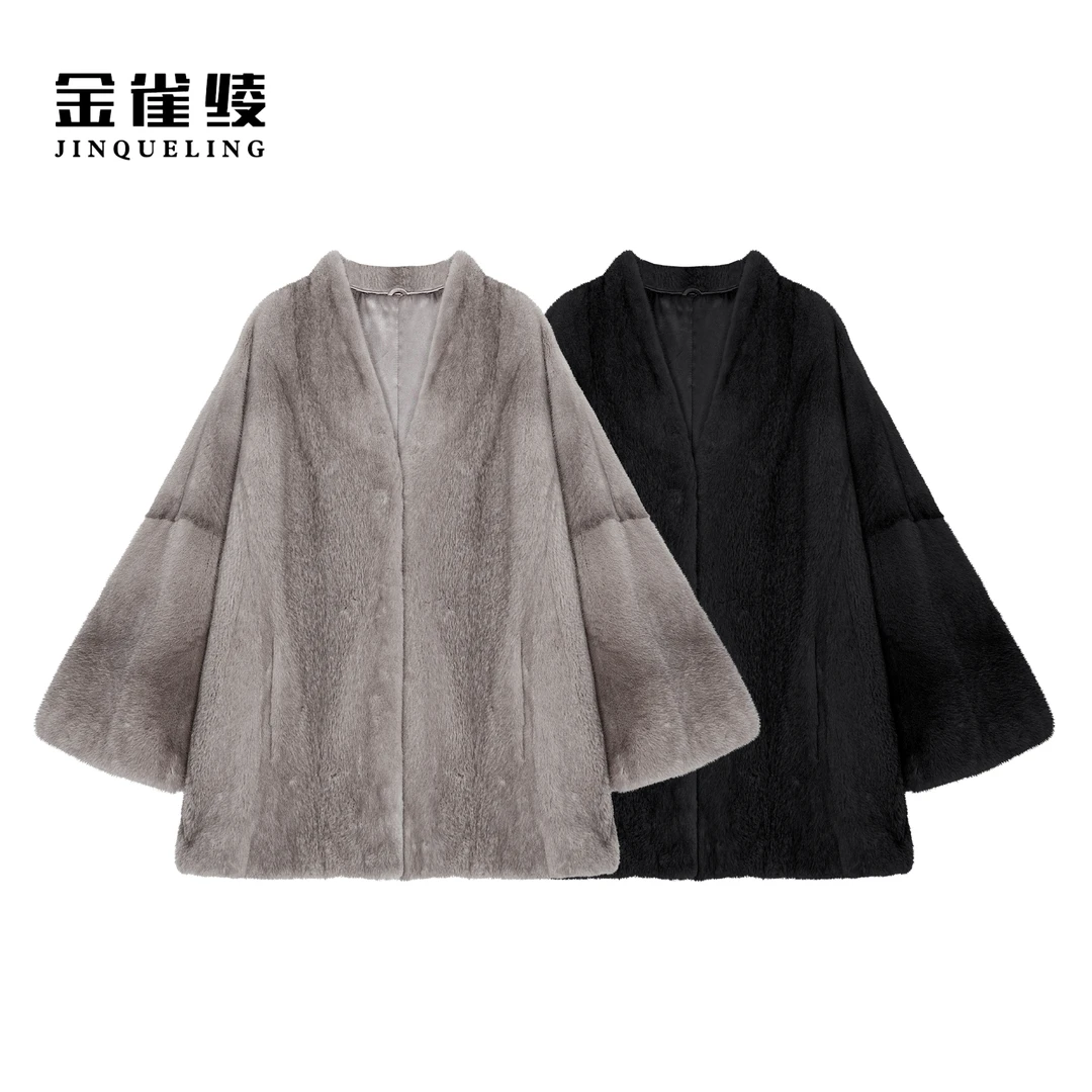 金雀绫【雪国浪漫】复古法式V领水貂皮草外套SZAK4PAGT222