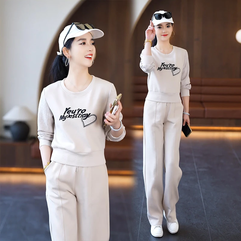 2025春季新款时髦洋气显瘦圆领卫衣阔腿裤两件套休闲运动服套装女