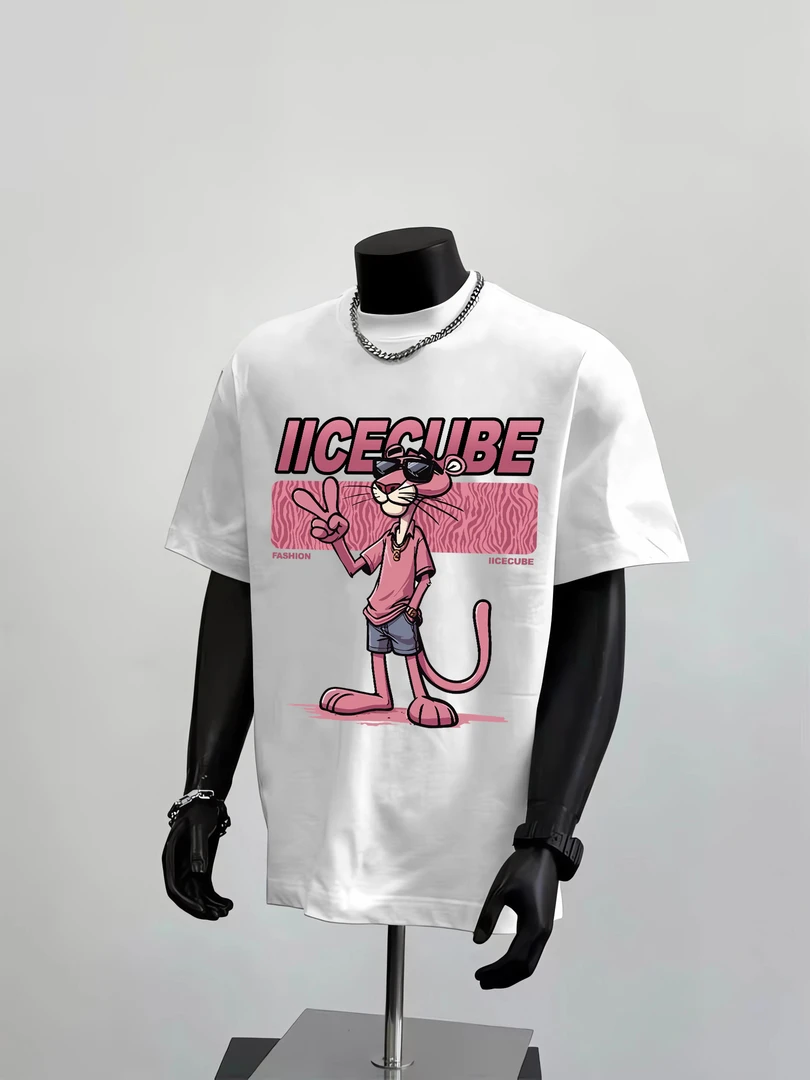 重磅纯棉美式卡通粉红豹简约印花圆领宽松夏季短袖T恤男女同款