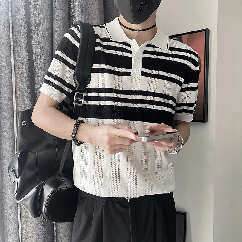 高级感条纹针织POLO衫男款夏季潮流男装2025新款翻领冰丝短袖t恤
