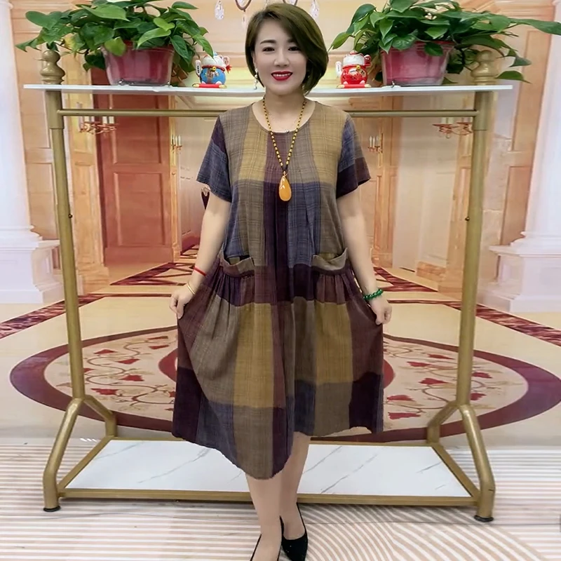 中老年高档连衣裙圆领优雅大码女装显瘦遮肚子加肥加大时尚连衣裙