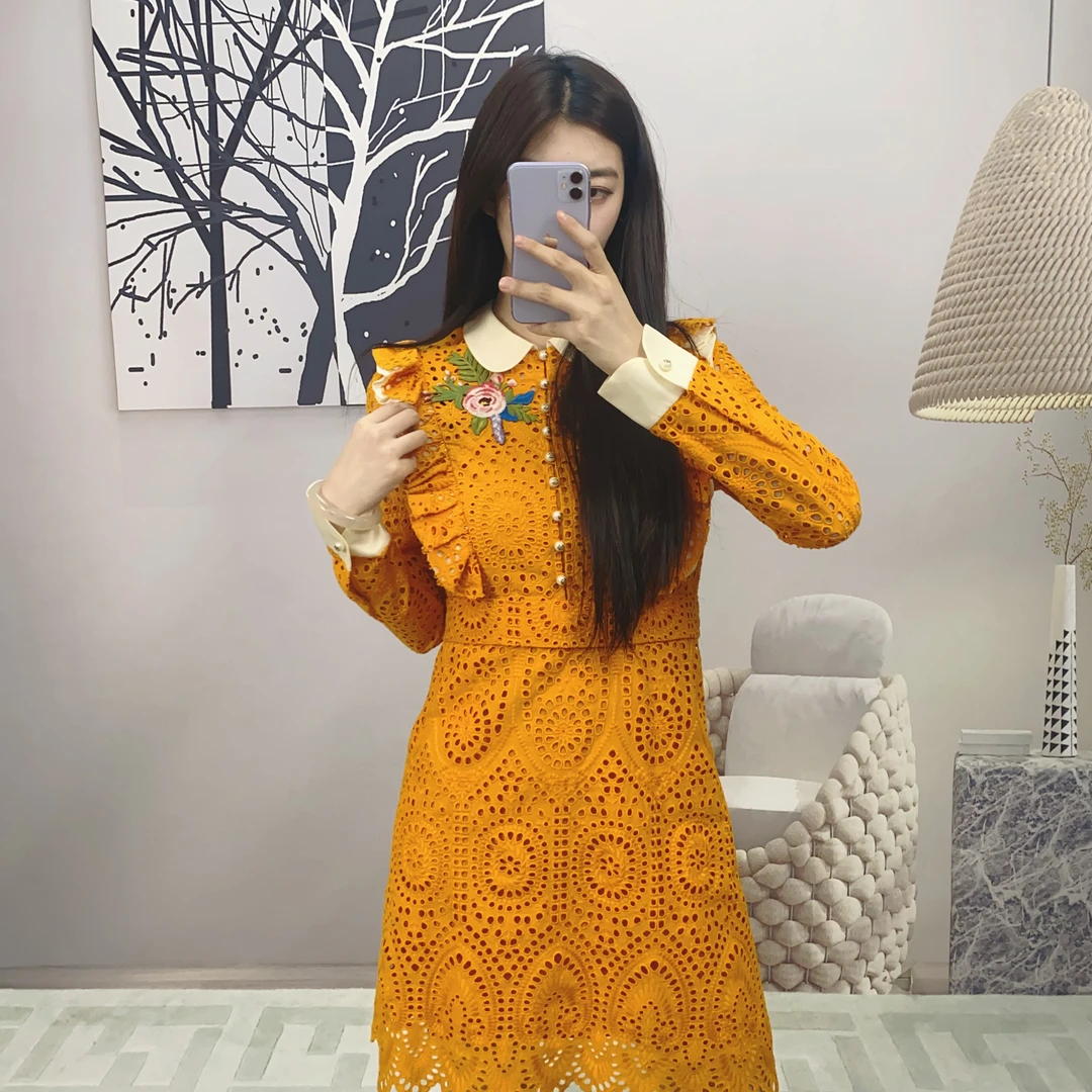 95新 GUCCI/古驰 麦殿/长袖镂空连衣裙40码橙色/241030VHH8M04