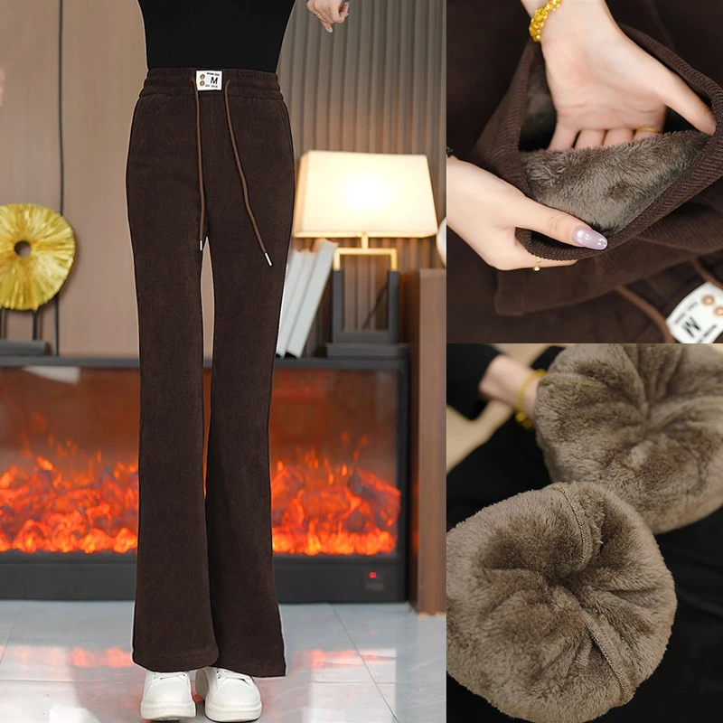 裤子秋冬加绒加厚女裤宽松大码松紧腰微喇裤洋气中老年休闲裤喇叭