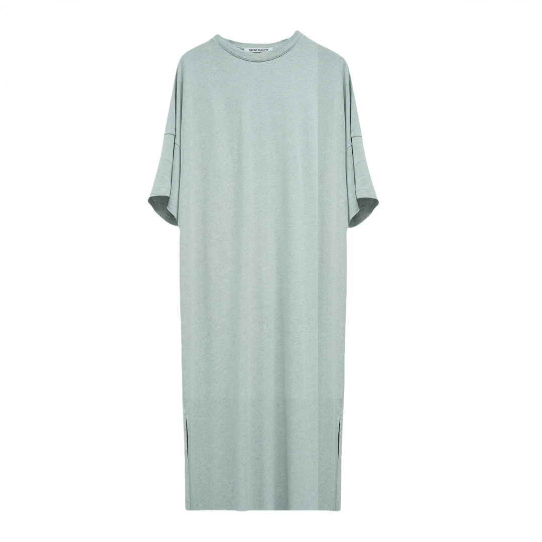 极简懒人裙圆领宽松直筒垂感连衣裙简约休闲女慵懒T恤裙灰色开叉