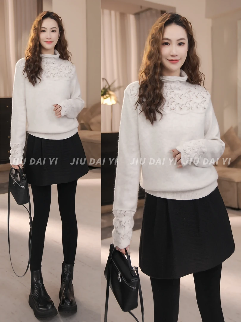 玖黛衣【温婉动人】冬季加厚长袖法式镂空蕾丝羊毛衫 XSJ48121