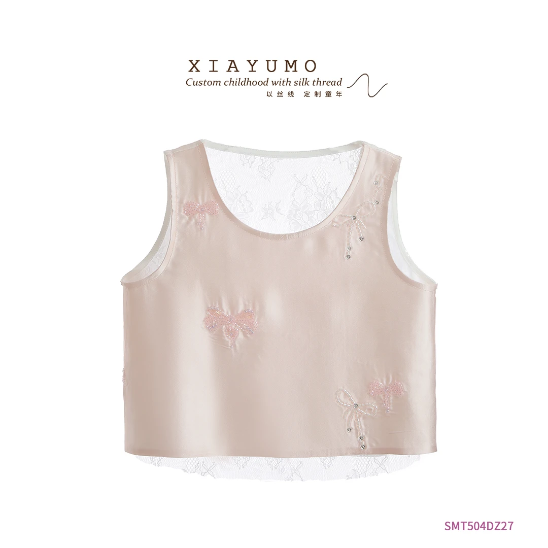 夏羽墨女童夏季新款粉色无袖套头马甲蕾丝拼接蝴蝶结中式背心