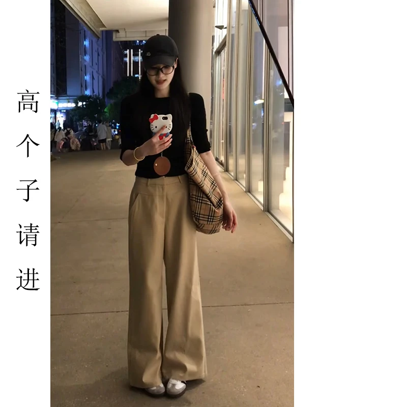 裤长112cm高个子加长雅痞老钱风复古卡其休闲女夏宽松直筒西装裤