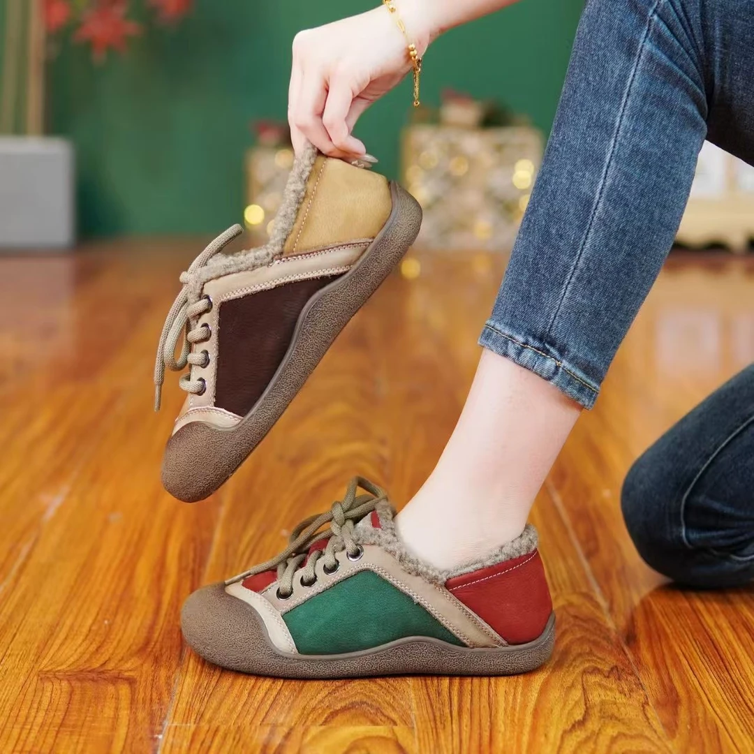 复古加绒拼色系带棉鞋女毛毛鞋25新款冬季女鞋真皮羊羔毛外穿时尚
