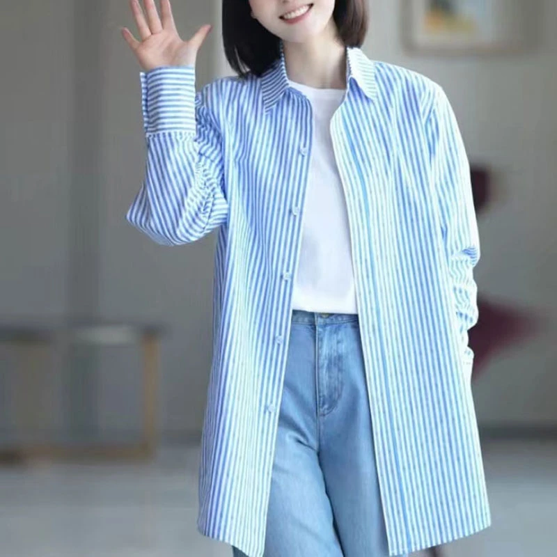 【商场同款】春秋百搭宽松字母条纹男友风牛仔长袖衬衫袁衣都舍衬衣