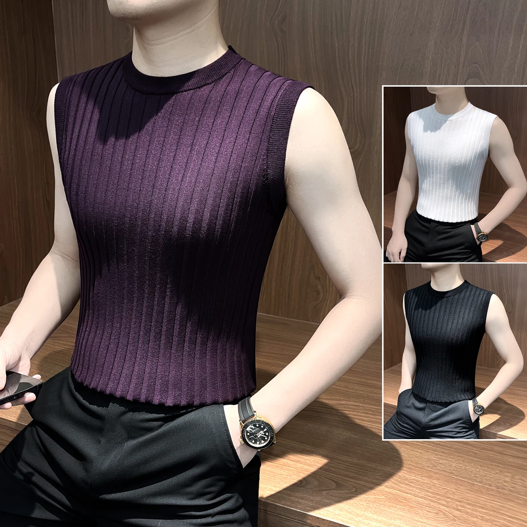 条纹无袖坎肩背心男款爆款2025新款痞帅休闲男装纯色针织男士t恤