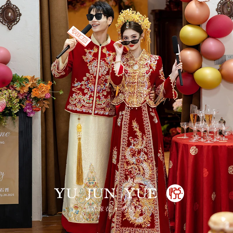 丝绒秀禾服2025新款新娘结婚礼服高端V领重工中式婚服出阁服女冬