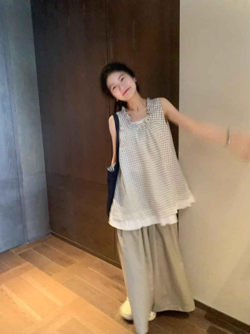 可爱甜美格子上衣女夏文艺森系田园风小个子2025新款无袖背心衬衫