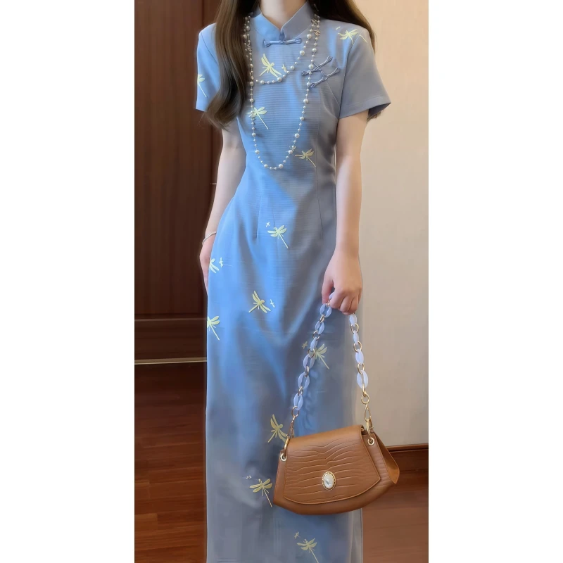 【蜓韵】新中式国风蜻蜓印花改良旗袍连衣裙收腰气质长裙9606