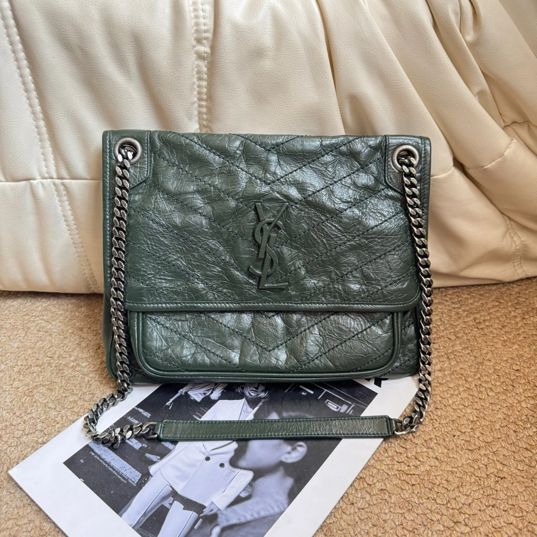 95新 YSL/圣罗兰 fl66暗绿色 牛皮 niki中号d扣/675076814