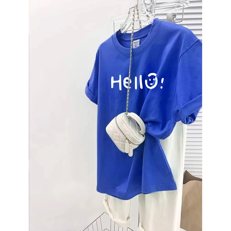宝蓝字母印花短袖t恤女夏季2025新款休闲百搭洋气减龄纯棉短袖T恤