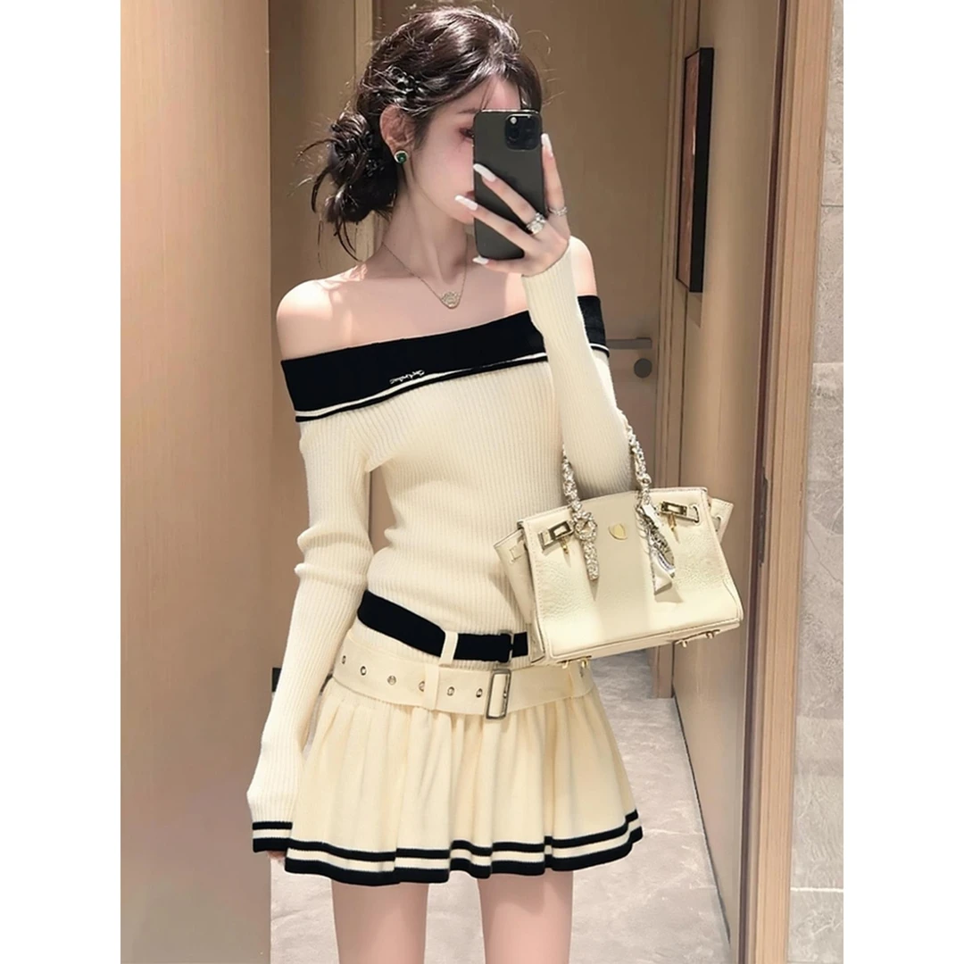 早秋小个子穿搭高端精致高级感重要场合绝美一字肩针织连衣裙套装