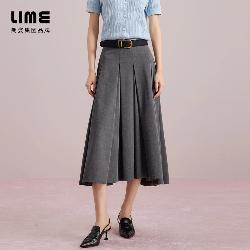 朗姿/莱茵【都市节拍】时尚不规则对褶梭织半裙深灰色LDGC7AWSK803