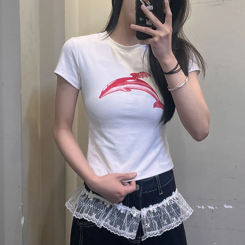 海豚印花打底短袖白色T恤女夏季2025新款小个子美式高腰辣妹上衣