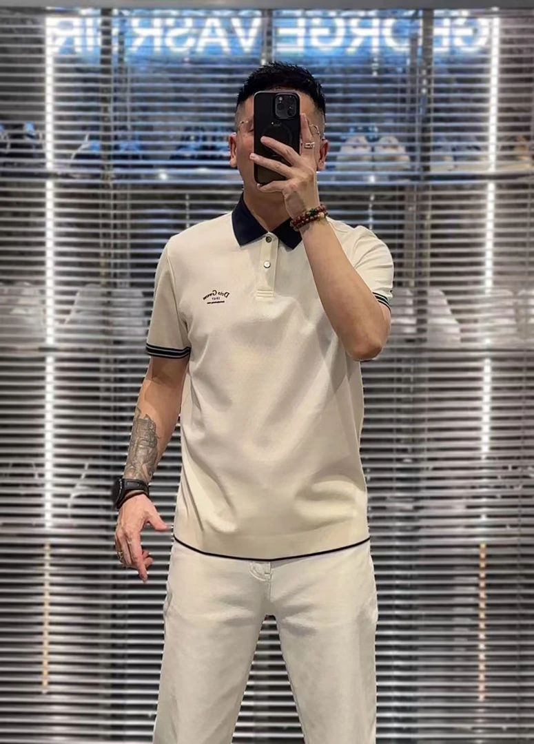 111352欧货夏季高品质轻奢翻领撞色单排扣男士POLO衫