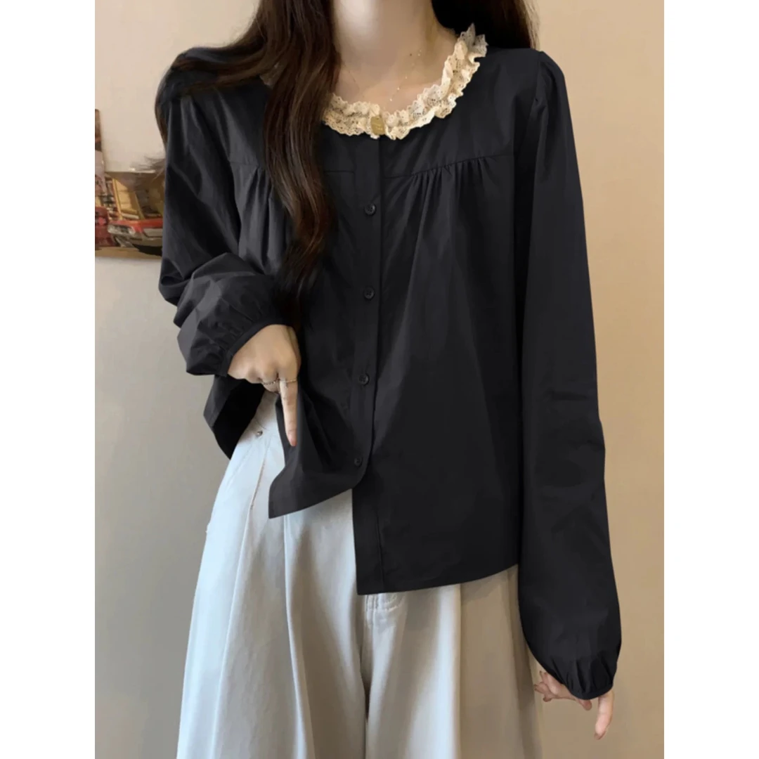 早春新款大码8899复古花边泡泡袖褶皱衬衫女长袖宽松打底气质上衣
