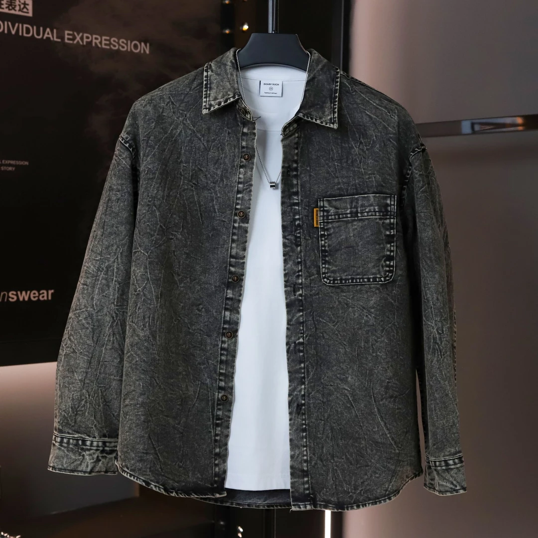 男士扎染微宽松翻领时尚复古潮流个性休闲百搭秋季牛仔长袖外套