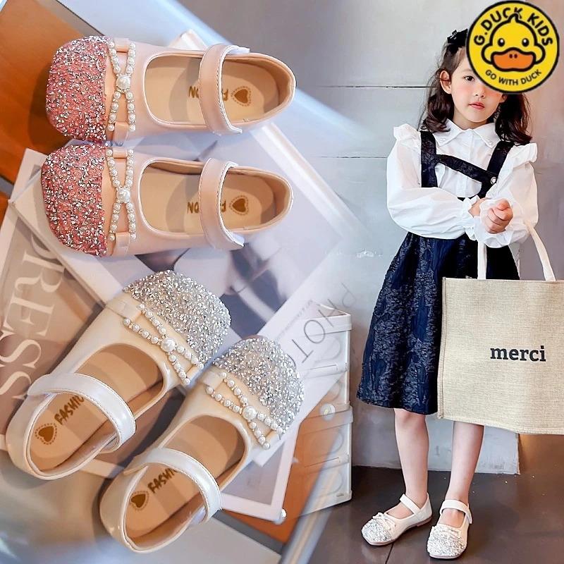 G.DUCK小黄鸭公主鞋2025新款春秋儿童鞋子软底网红水晶小女孩单鞋