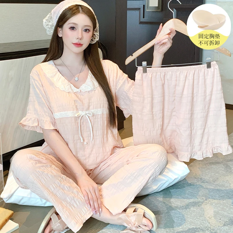 睡衣女短袖夏季薄款带胸垫公主风甜美蝴蝶结可外穿家居服三件套装