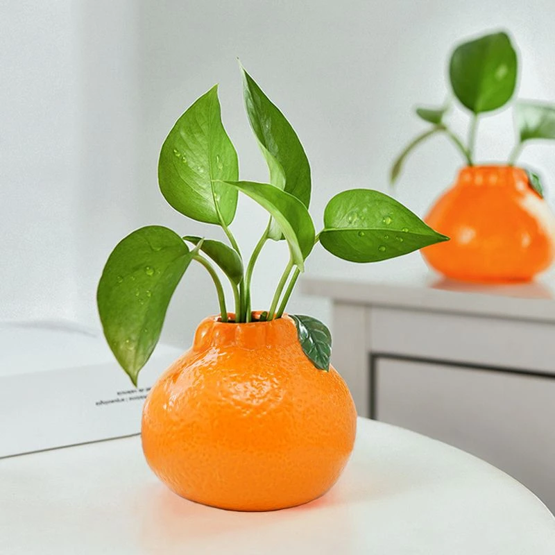 创意橘子水培花瓶摆件客厅桌面装饰办公室水养绿萝铜钱草陶瓷花器