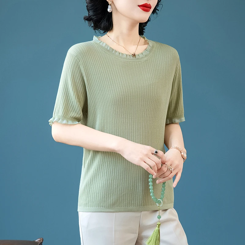 妈妈夏装短袖冰丝小衫洋气小个子妇女上衣中老年宽松蕾丝针织T恤