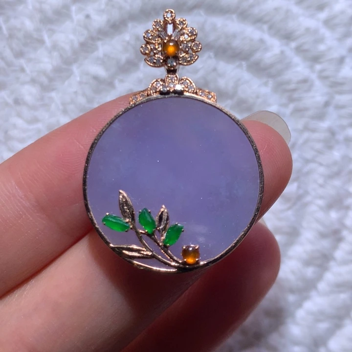 翡翠颈饰18K金镶嵌冰胶紫无事牌